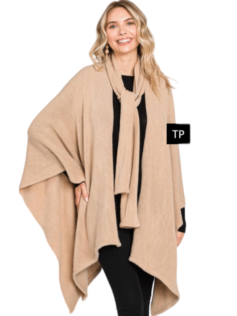MS0335 TAUPE CAPE WITH ATTACHED SCARF WITH NECKLINE TIE
