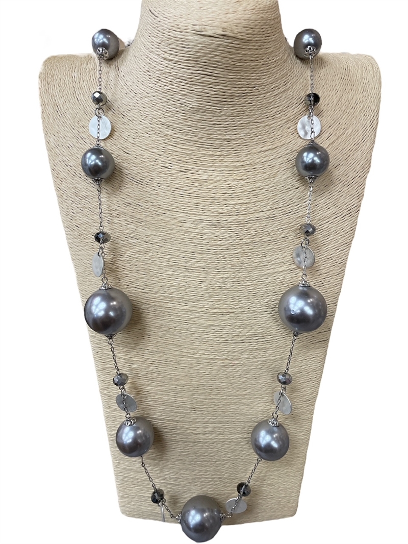 MX1762  GRAY PEARL &CRISTAL  NECKLACE