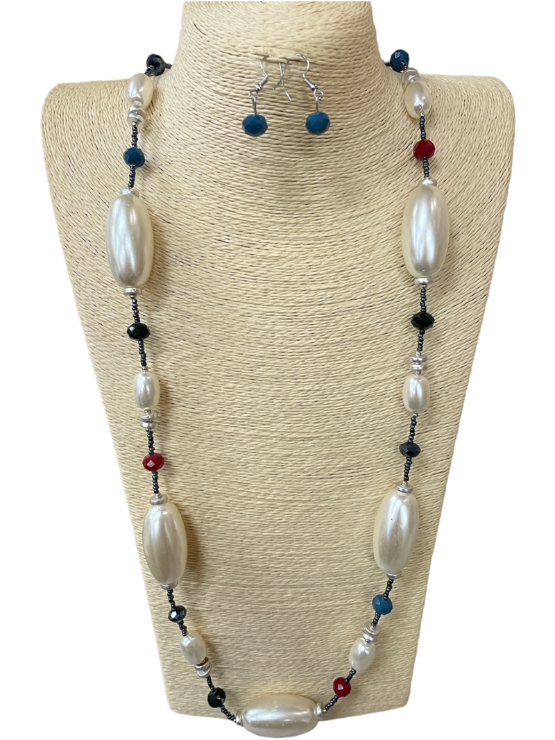 MX2754-1 RED BLUE CRYSTAL & PEARL LONG NECKLACE