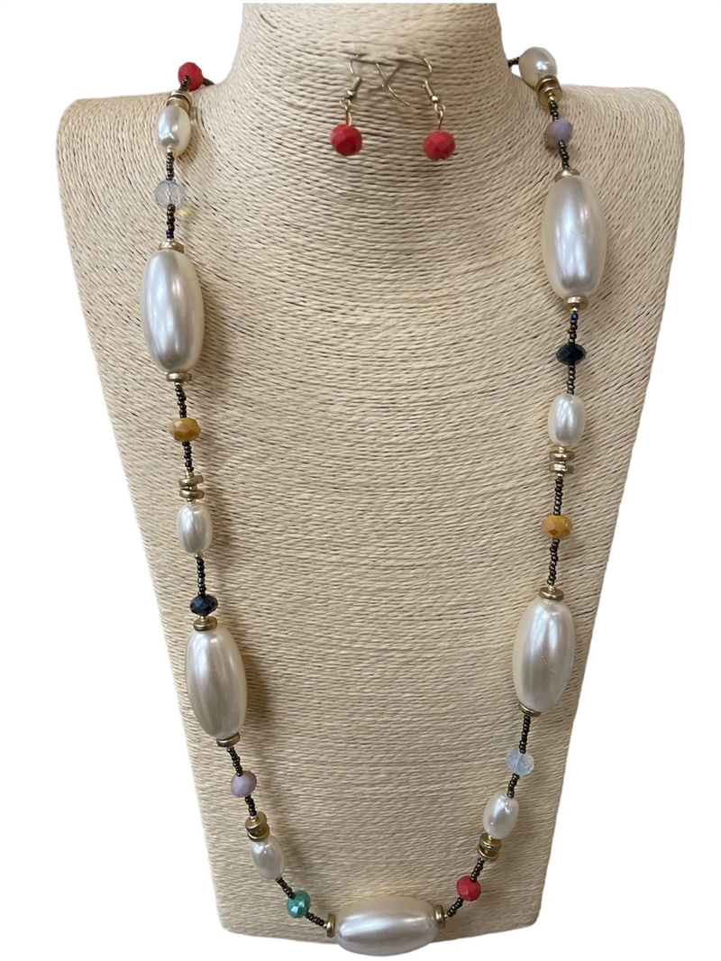 MX2754-2  MULTI CRYSTAL & PEARL LONG NECKLACE SET