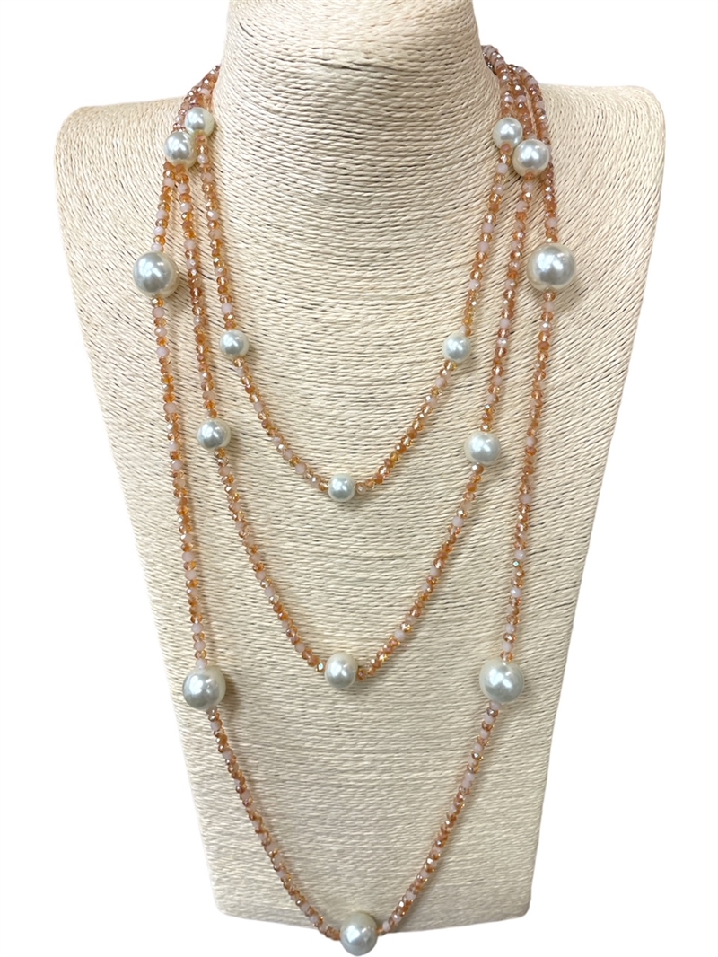N009 CRYSTAL & PEARL MULTI LAYERED LONG NECKLACE