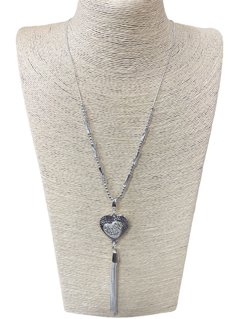 N012184  HAMMERED HEART TASSEL SILVER NECKLACE