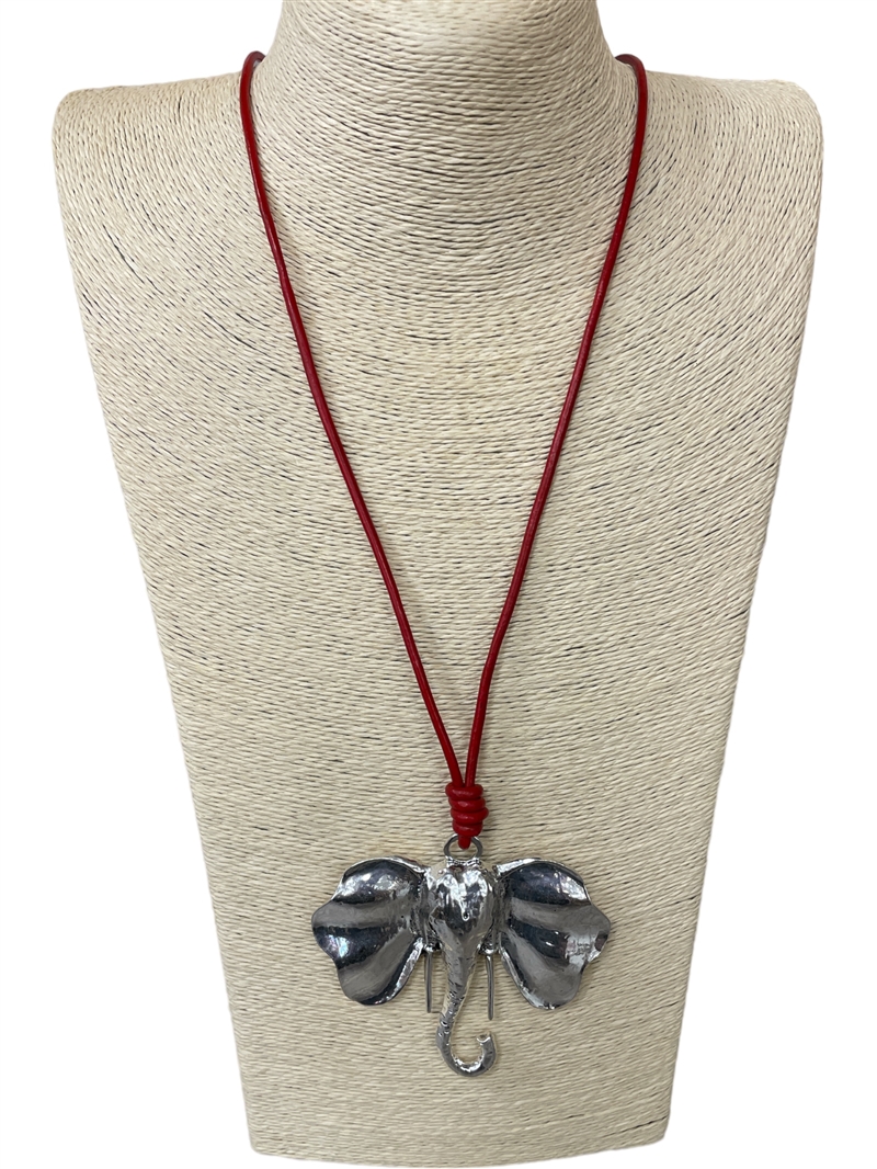 N013115 SILVER ELEPHANT HEAD RED CORD LONG NECKLACE