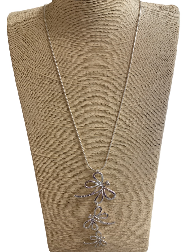 N013432-1 SILVER  DRAGONFLY  SNAKE CHAIN LONG NECKLACE