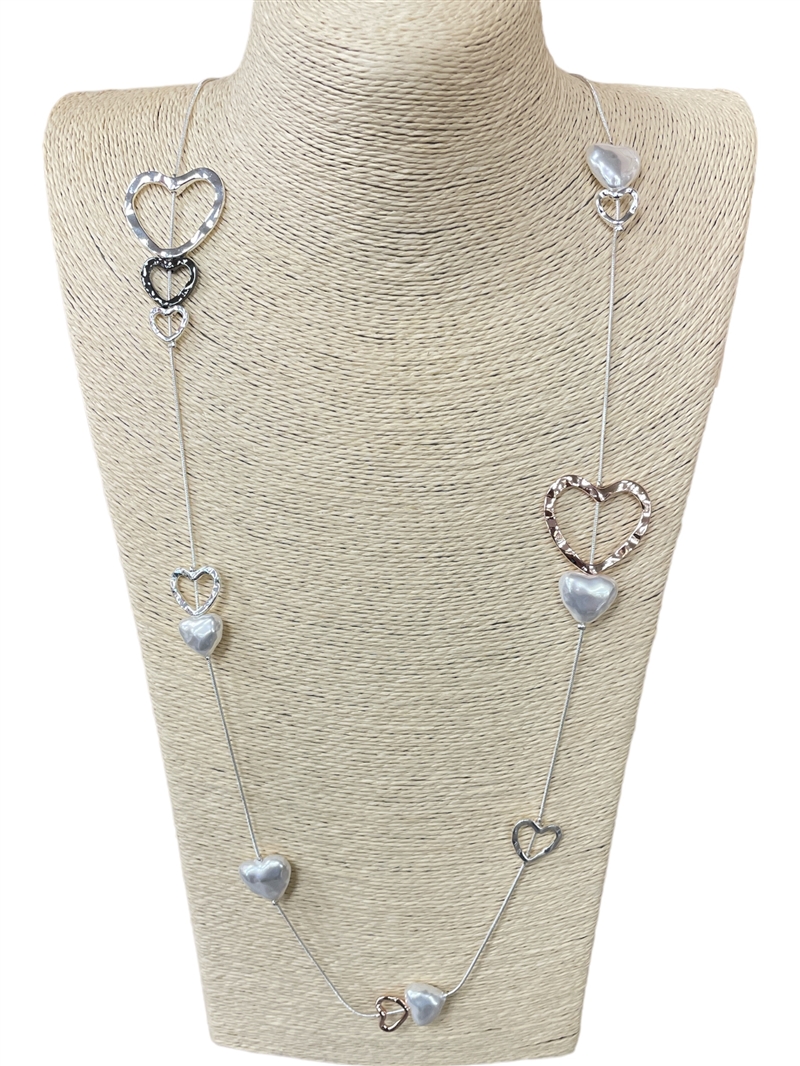 N013517 MULTI COLOR HEART & PEARL SNAKE CHAIN NECKLACE