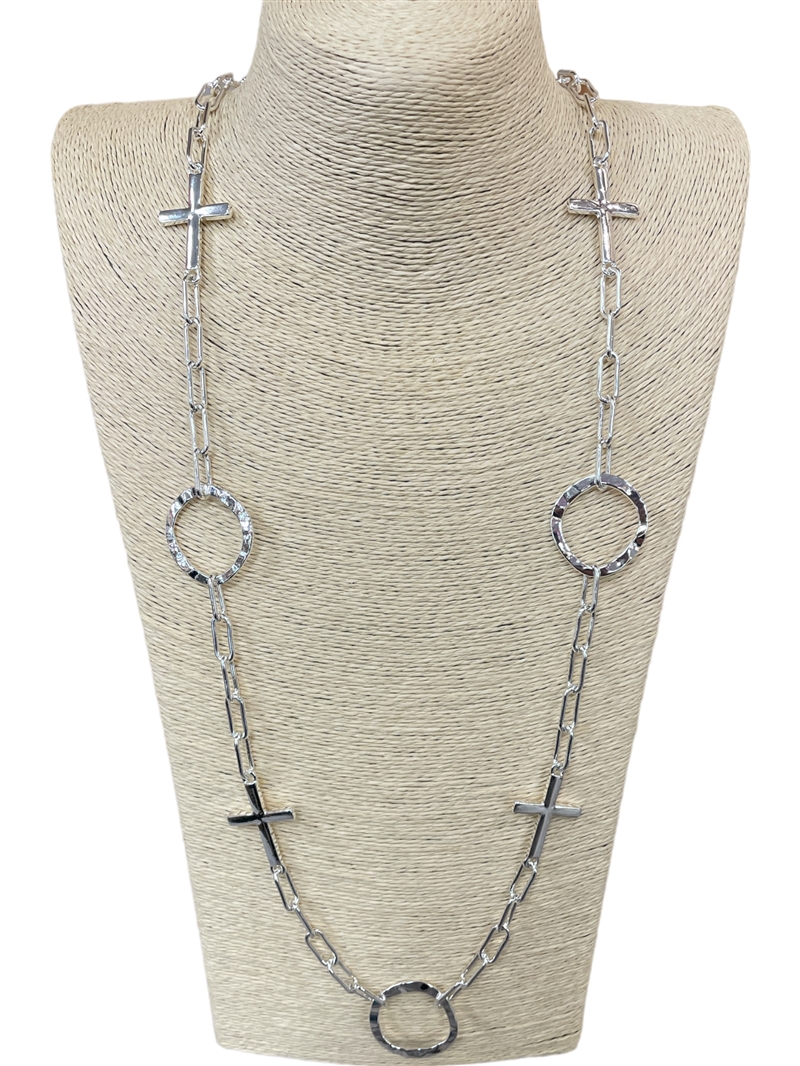 N013523 SILVER CROSS & OVAL CHAIN NECKLACE