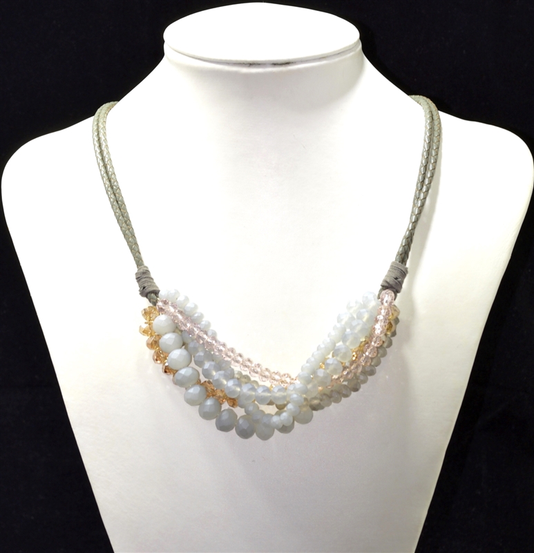 N6369 LEATHER/CRYSTAL BEADED COLLAR NECKLACE