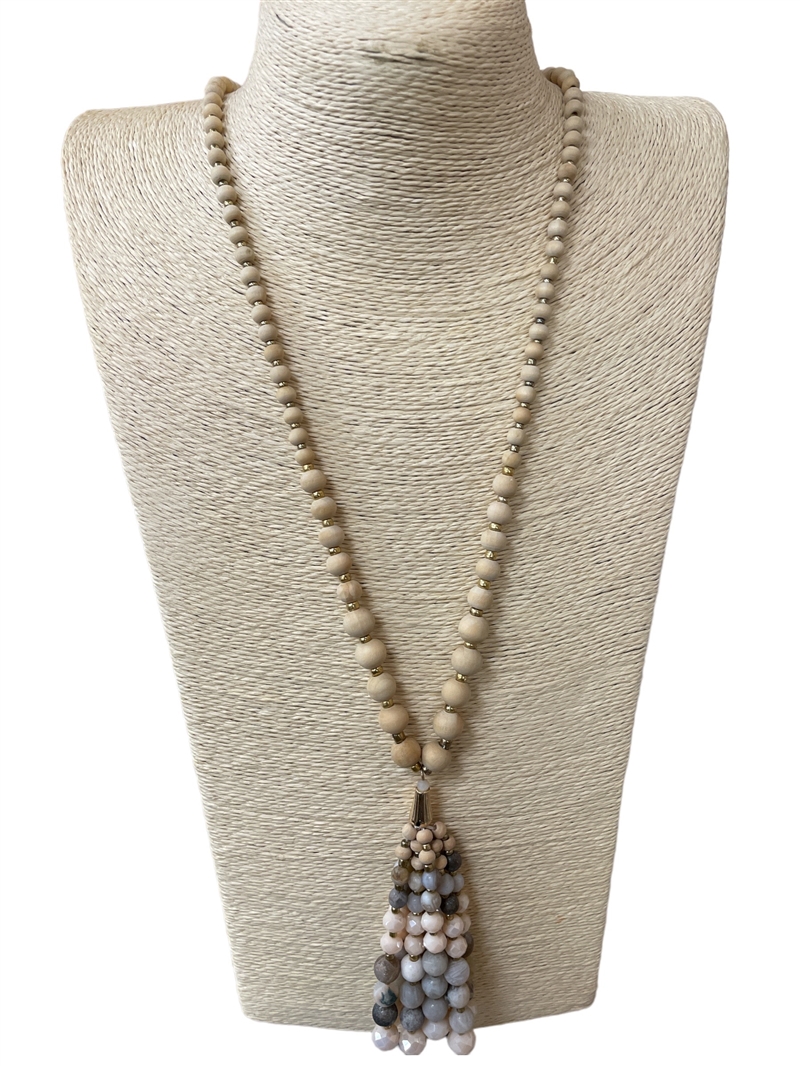 N6622 WOODEN BEADS  CRYSTAL / SEMI PRECIOUS  LONG NECKLACE