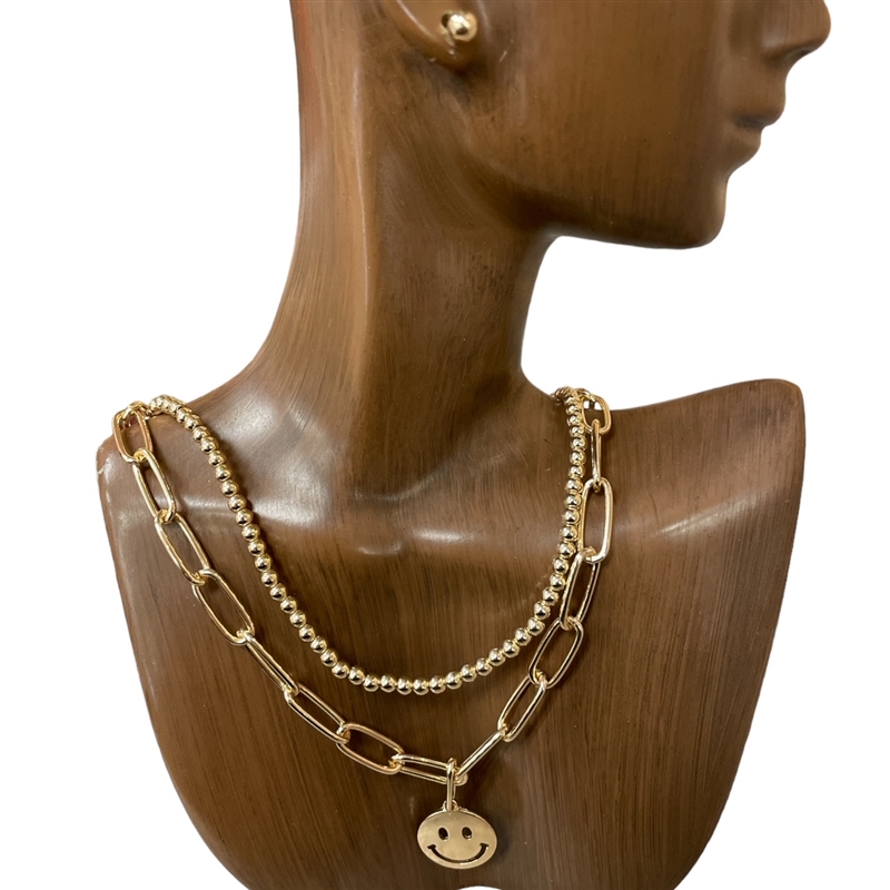 N7276  ''19''HAPPY FACE  MULTI LAYERED CHAIN SET  NECKLACE