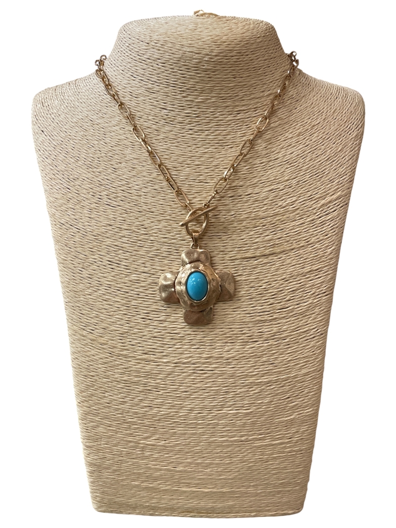 NDN2224 HAMMERED TQS PEARL CROSS NECKLACE