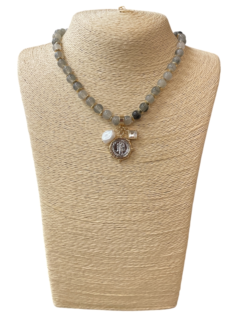 NDN8082 SEMI PRECIOUS ANGEL COIN CHARMS NECKLACE