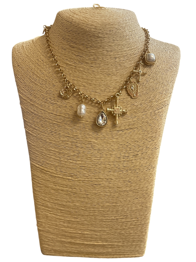 NDN8118 CROSS & PEARL MULTI CHARM SHORT NECKLACE