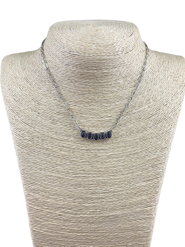 NE-0470 ANTIQUE SILVER STONE CURVED BAR SHORT NECKLACE