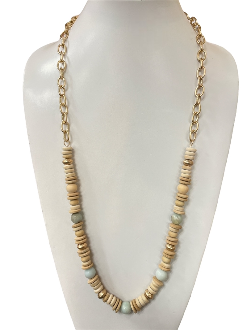 NJ70795 WOODEN & NATURAL STONE  LONG NECKLACE