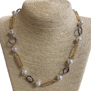 NJ70824  ''18''  TWO TONE CHAIN WITH PEARL SHORT NECKLACE