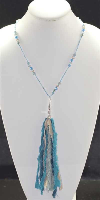 NK0202 BEADED TURQUOISE FABRIC TASSEL NECKLACE