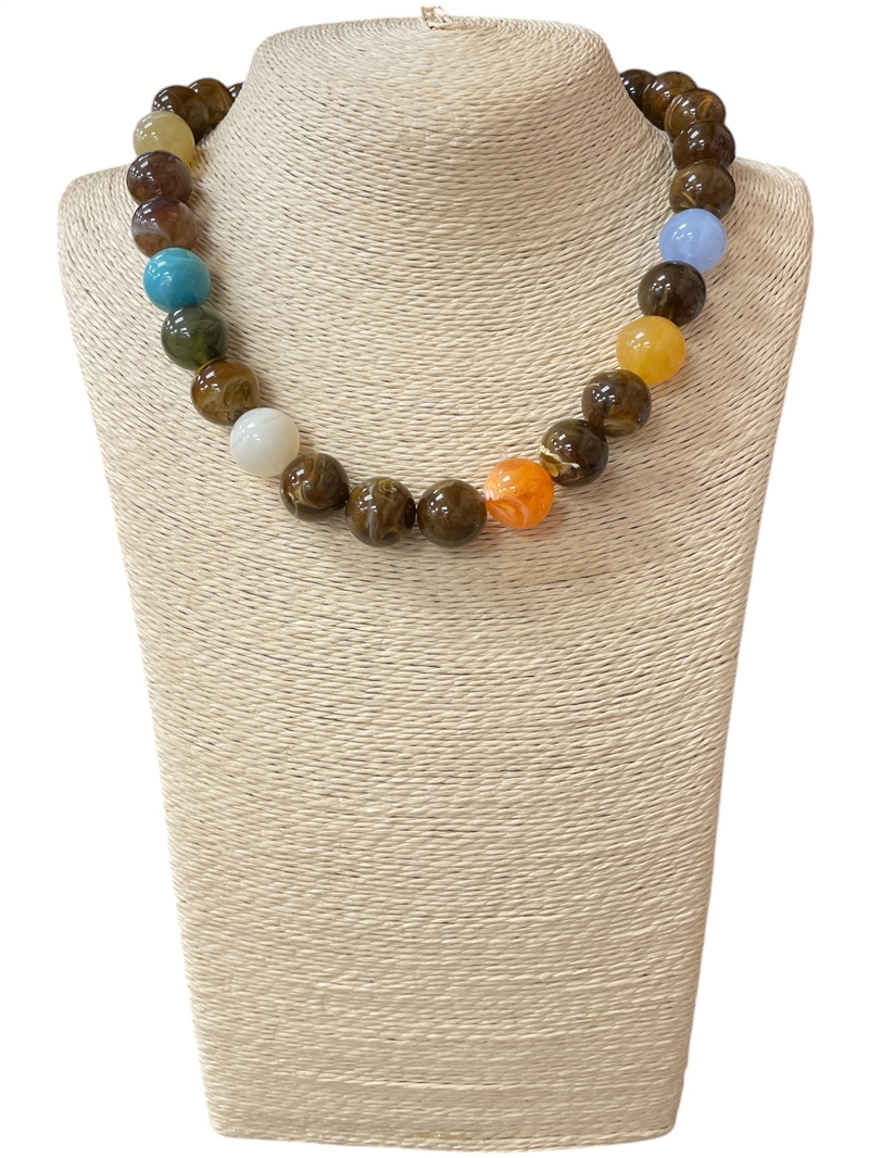 NLN7919BR  12MM BROWN MULTI COLOR  ACRYLIC BALL NECKLACE