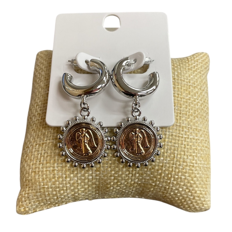 NNE4835  HOOP COIN TWO TONE EARRINGS