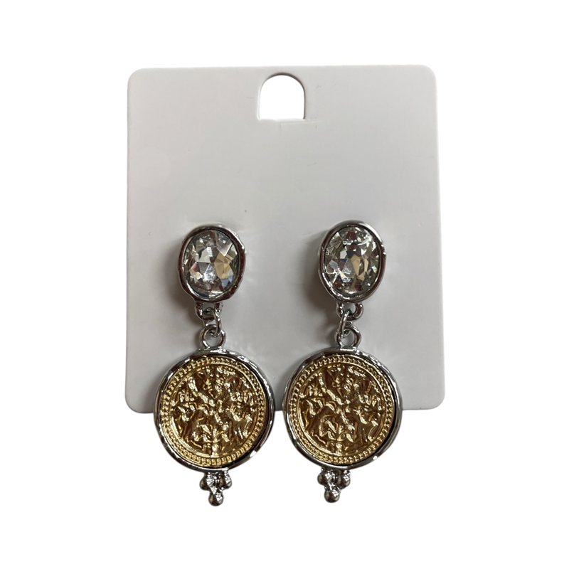NNE4839 TWO TONE CRYSTAL & COIN DROP POST EARRINGS