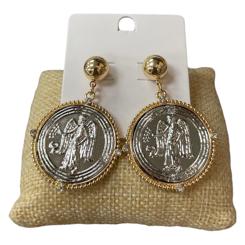 NNE4847 TWO TONE LARGE ANGEL COIN POST EARRINGS