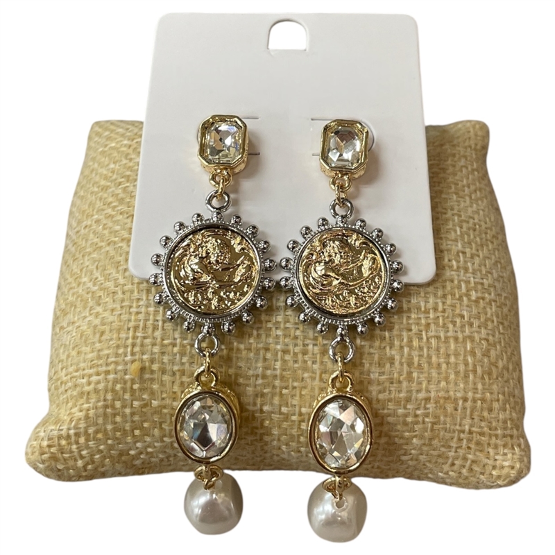 NNE4848 TWO TONE CRYSTAL & PEARL COIN DANGLE EARRINGS