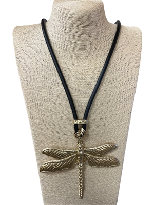 NP0035  GOLD DRAGONFLY SILICONE CORD LONG NECKLACE