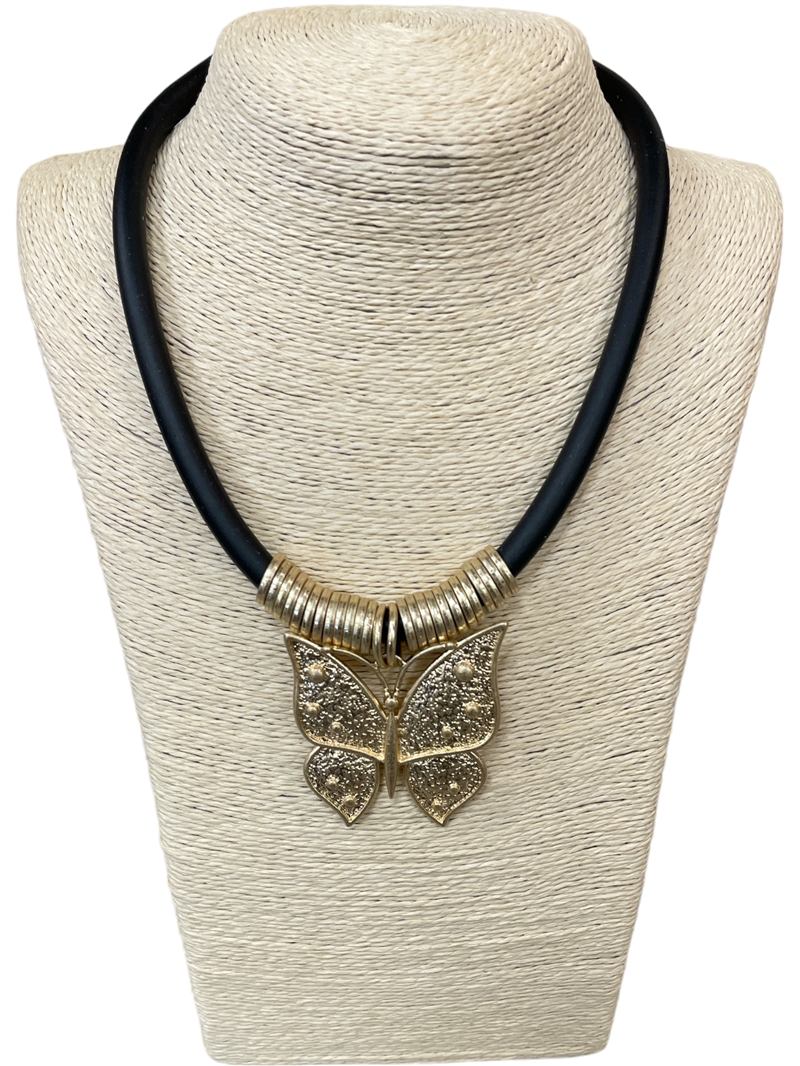 NP0138-1  GOLD BUTTERFLY SILICONE CORD SHORT NECKLACE