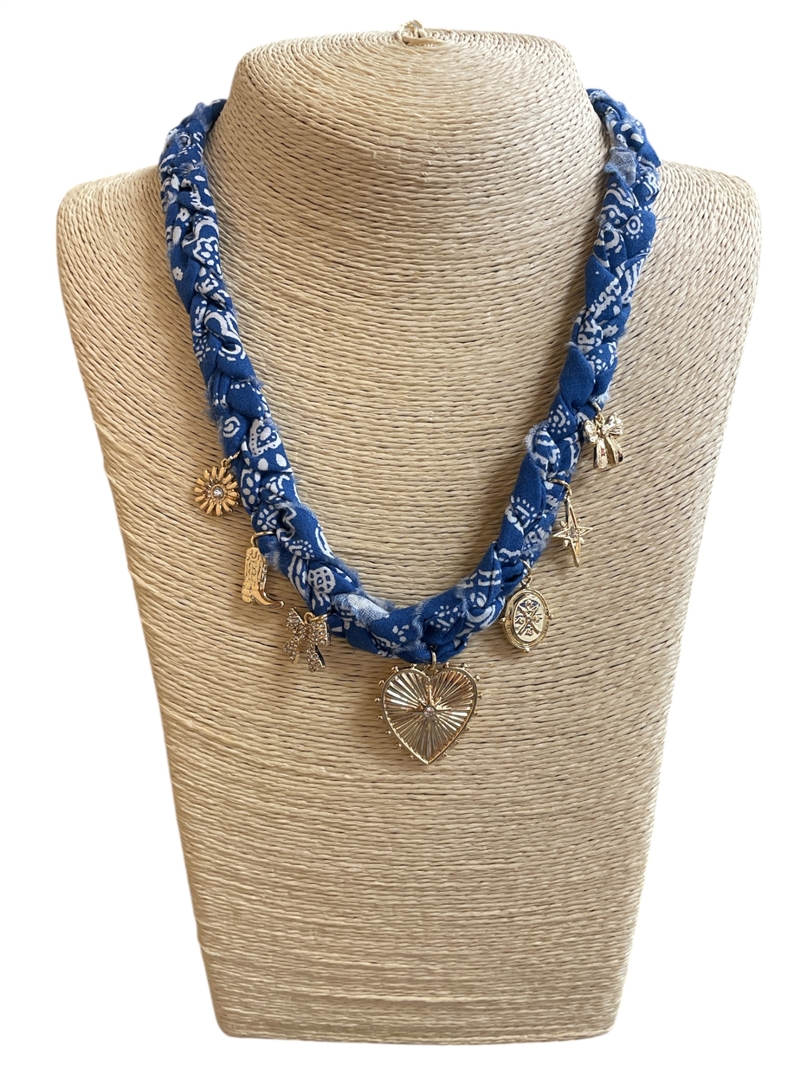 NUN7893B  HEART CHARMS & BLUE WHITE  SCARF NECKLACE