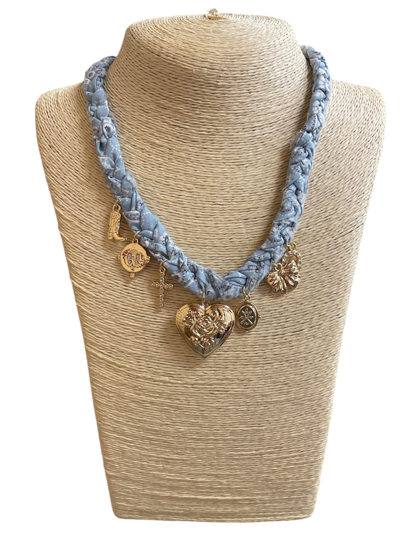 NUN7896   HEART CHARMS & BABY BLUE  SCARF NECKLACE