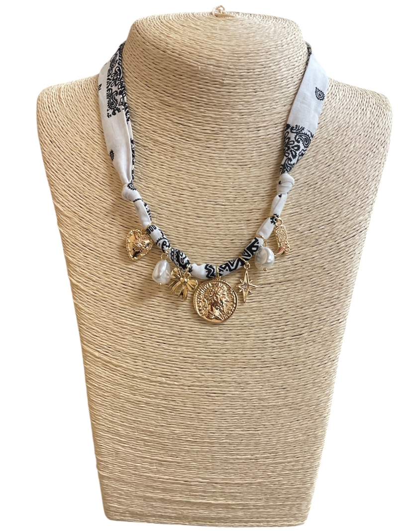 NUN7902 COIN CHARMS  WHITE SCARF NECKLACE