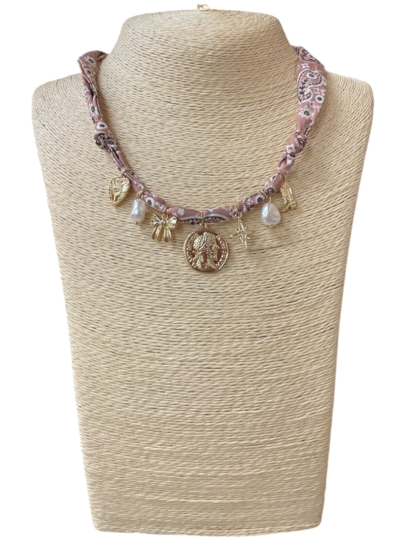 NUN7902BR  COIN CHARMS  BROWN SCARF NECKLACE