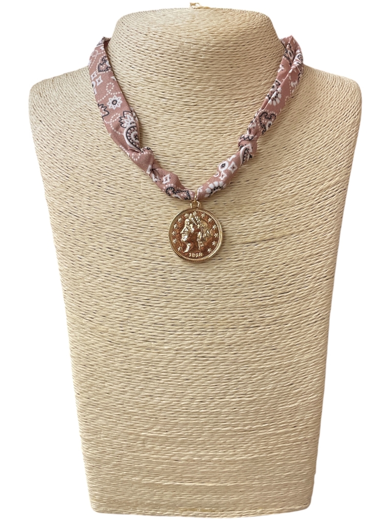 NUN7911 COIN CHARM  BROWN SCARF NECKLACE