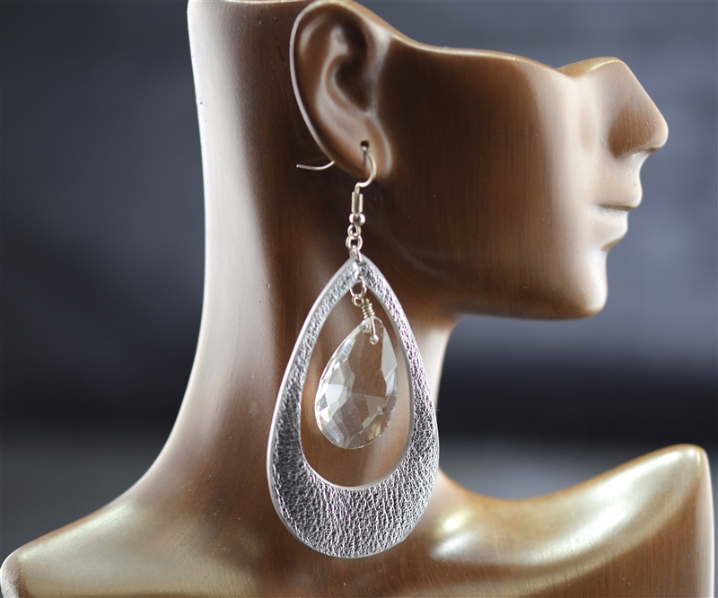 OB2247 Leather Teardrop Crystal Earrings