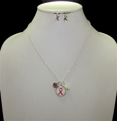 OS04632 ANTIQUE BUBLLE PINK RIBBON CHARMS NECKLACE SET