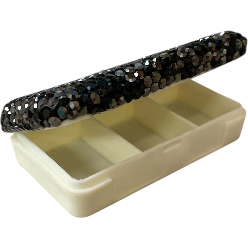P106BK  SMALL BLACK  RHINESTONE 3 COMPARTMENT PILL CASE