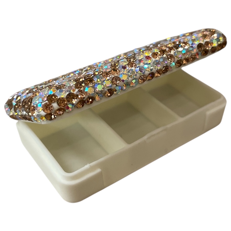 P106BR  SMALL BROWN RHINESTONE 3 COMPARTMENT PILL CASE