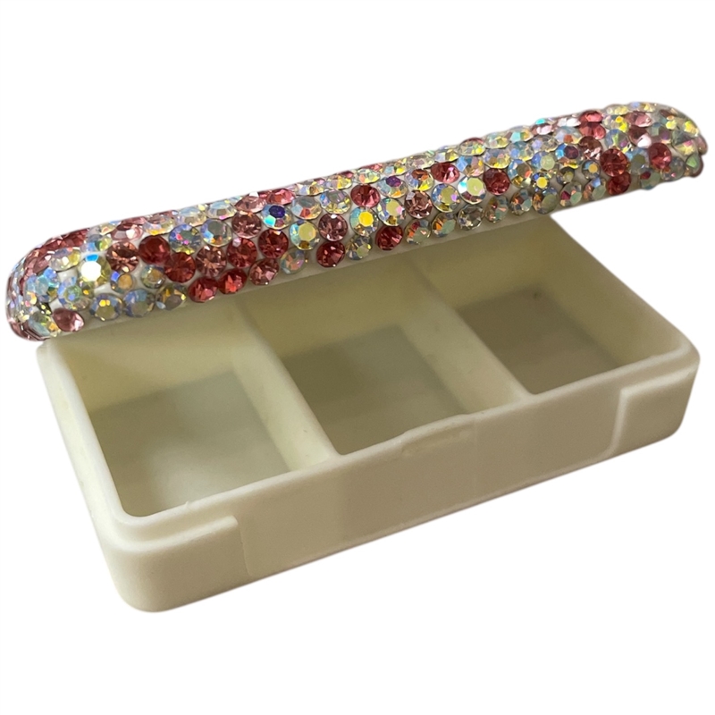 P106PK  SMALL PINK RHINESTONE 3 COMPARTMENT PILL CASE