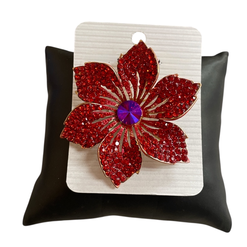 P1469R  RED  RHINESTONE FLOWER PIN BROOCH