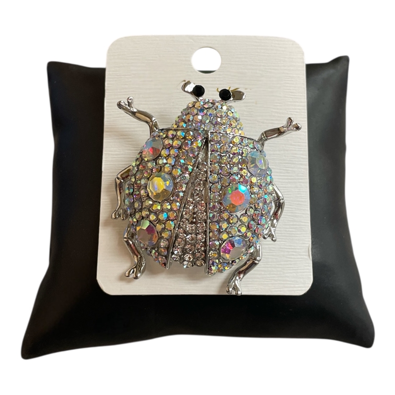 P1515  SILVER RHINESTONE LADYBUG PIN BROOCH