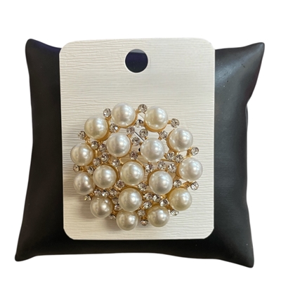 P1568 RHINESTONE & PEARL FLOWER BOUQUET BROOCH PIN