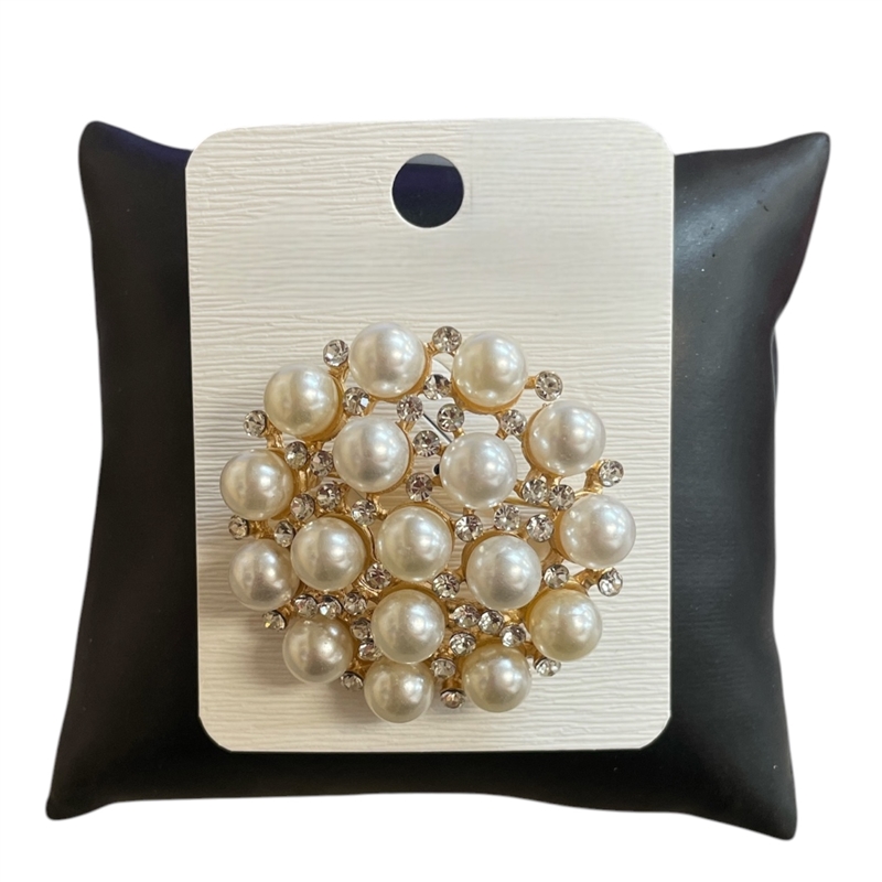 P1568 RHINESTONE & PEARL FLOWER BOUQUET BROOCH PIN