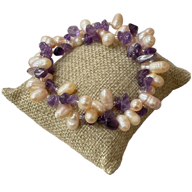 P712 PURPLE STONE & FRESHWATER PEARL BRACELET