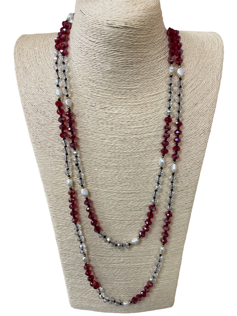 PCL001 CRYSTAL  CLEAR RED & CLEAR  FRESH WATER PEARL NECKLACE