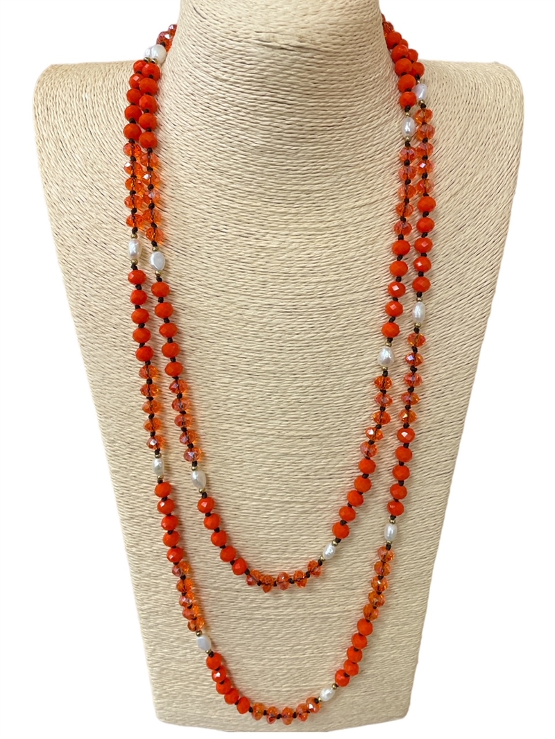 PCL002 60'' CRYSTAL  CLEAR ORANGE & ORANGE FRESH WATER PEARL NECKLACE