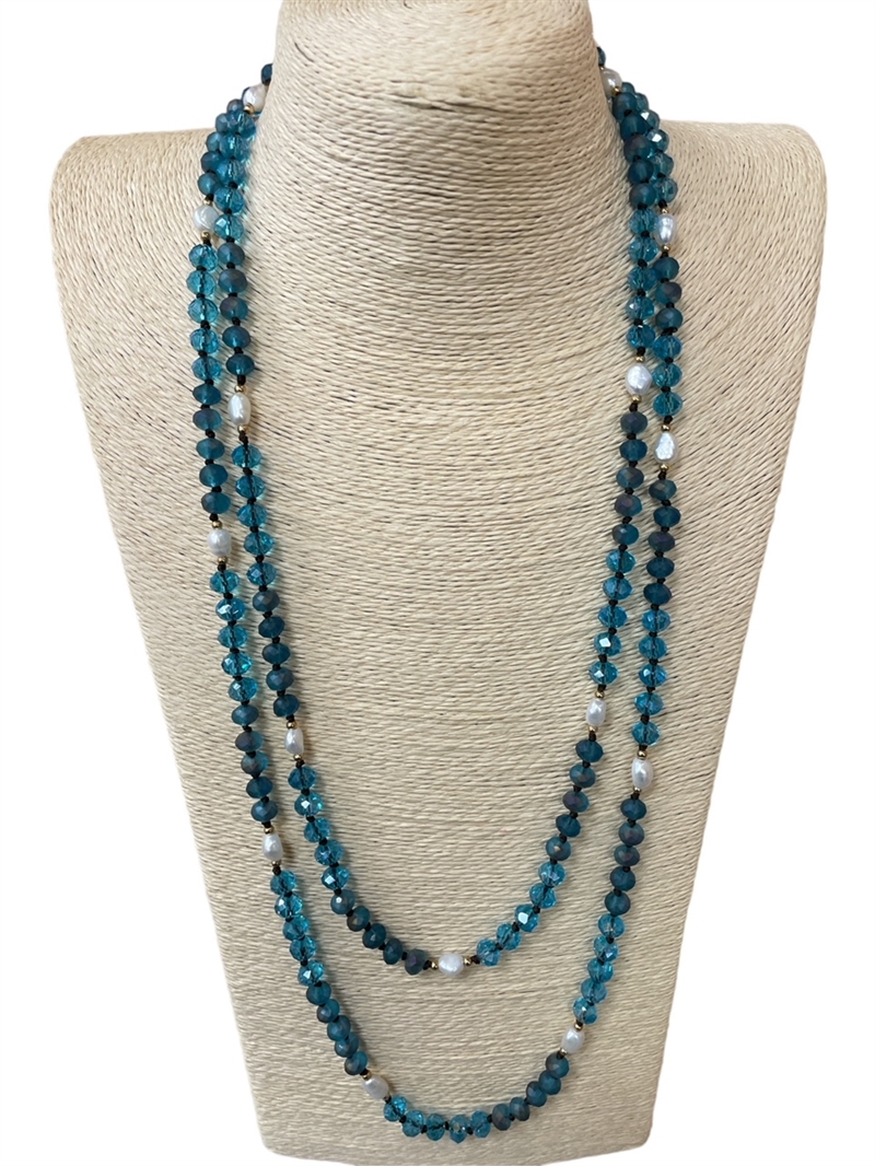 PCL003 60'' CRYSTAL CLEAR BLUE & MATTE BLUE FRESH WATER PEARL NECKLACE