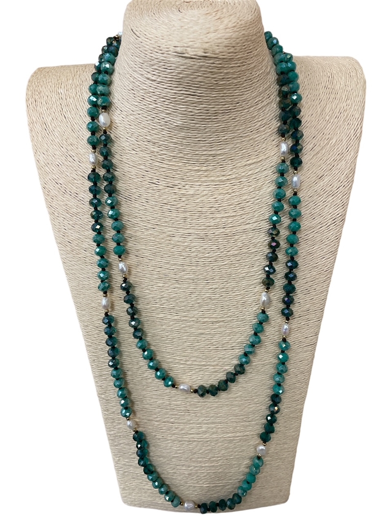 PCL007 60'' GREEN & FRESH WATER PEARL TWO TONE NECKLACE