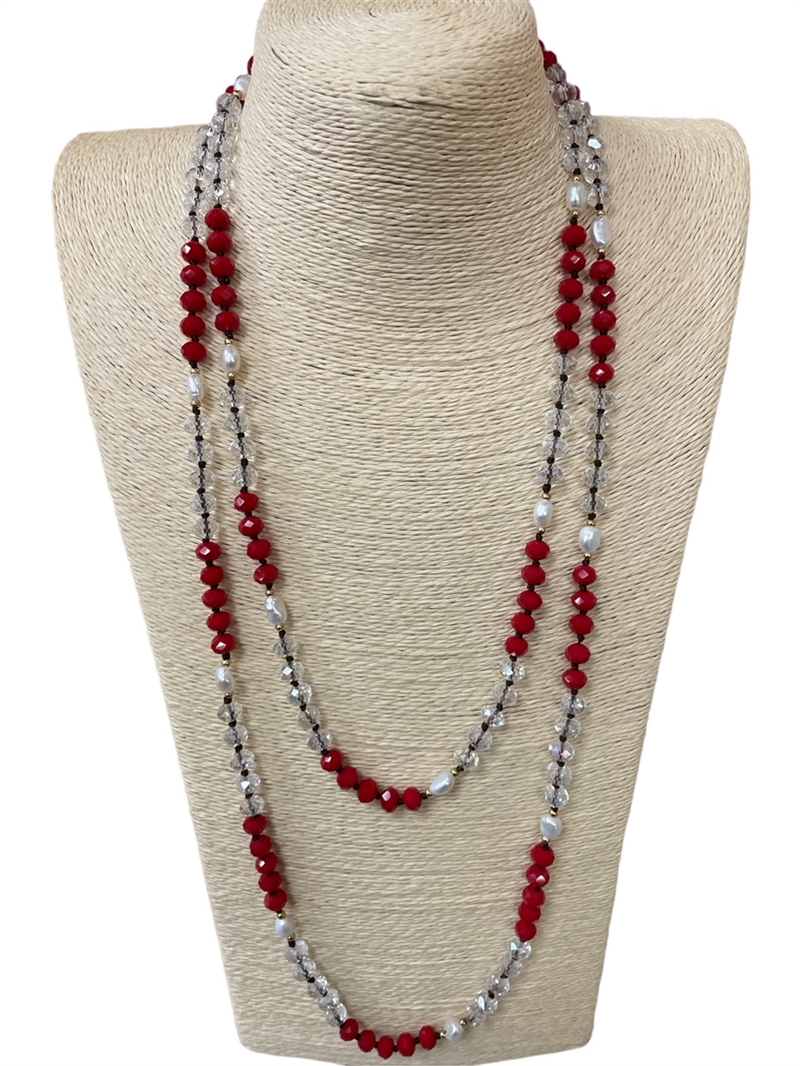 PCL011 CLEAR RED  & FRESH WATER PEARL TWO TONE NECKLACE