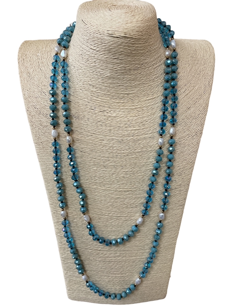 PCL012 CRYSTAL BLUE  & FRESH WATER PEARL TWO TONE NECKLACE
