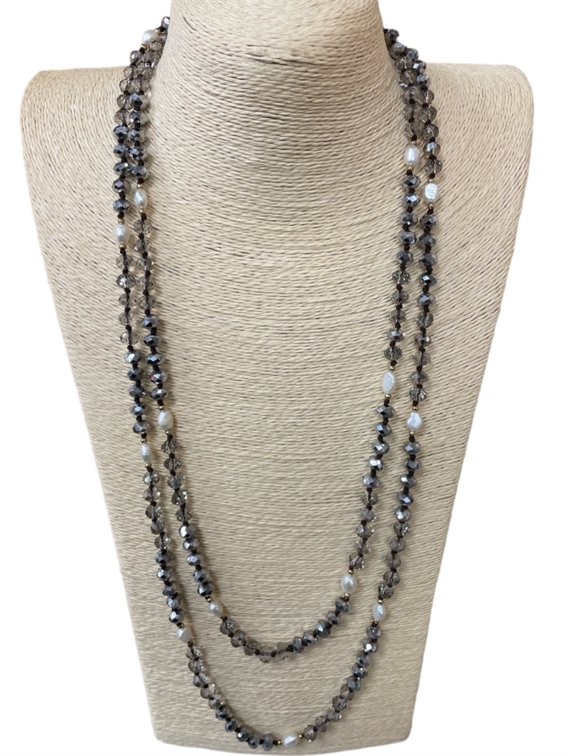 PCL013  CLEAR SMOKE METALLIC SILVER CRYSTAL & FRESH WATER PEARL  NECKLACE