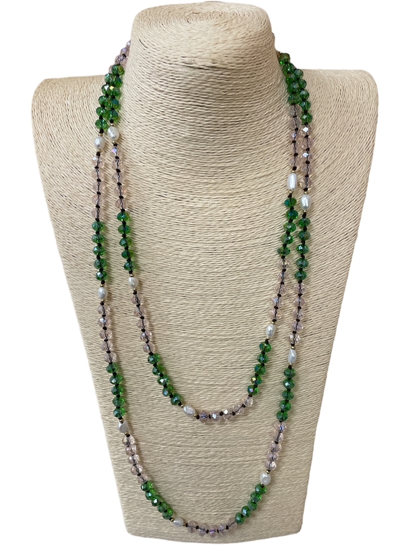 PCL014 60'' CLEAR GREEN PINK  &FRESH WATER PEARL NECKLACE